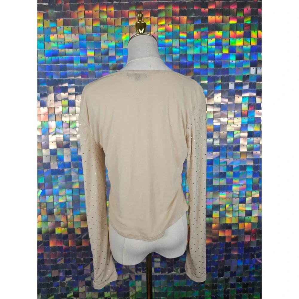 Almost Famous Rhinestone Mesh Top Womens XL Beige Excellent Long‎ Sleeve Sparkle
